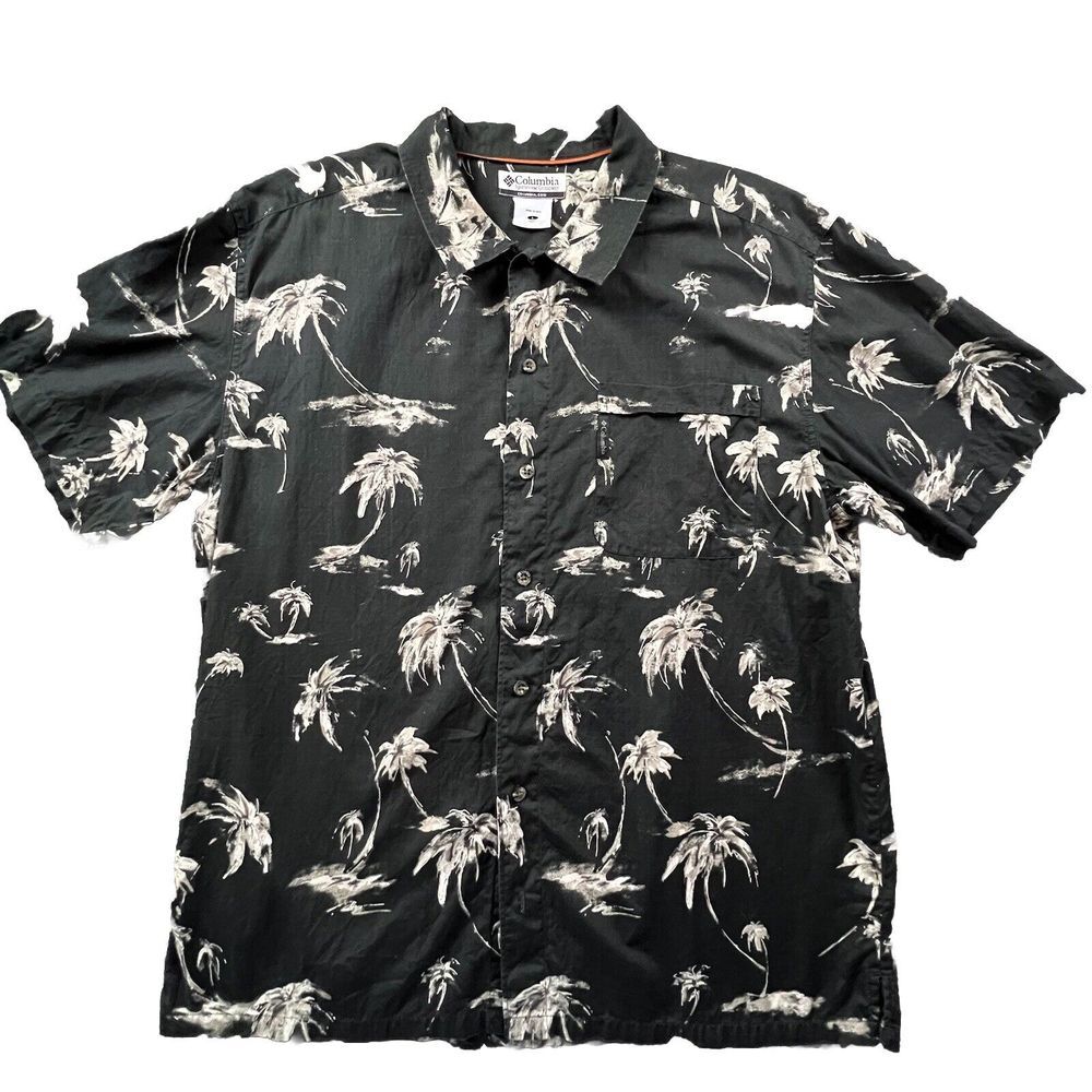 Columbia Palm Tree Print Shirt Mens Large Black Short Sleeve Button Down Slub